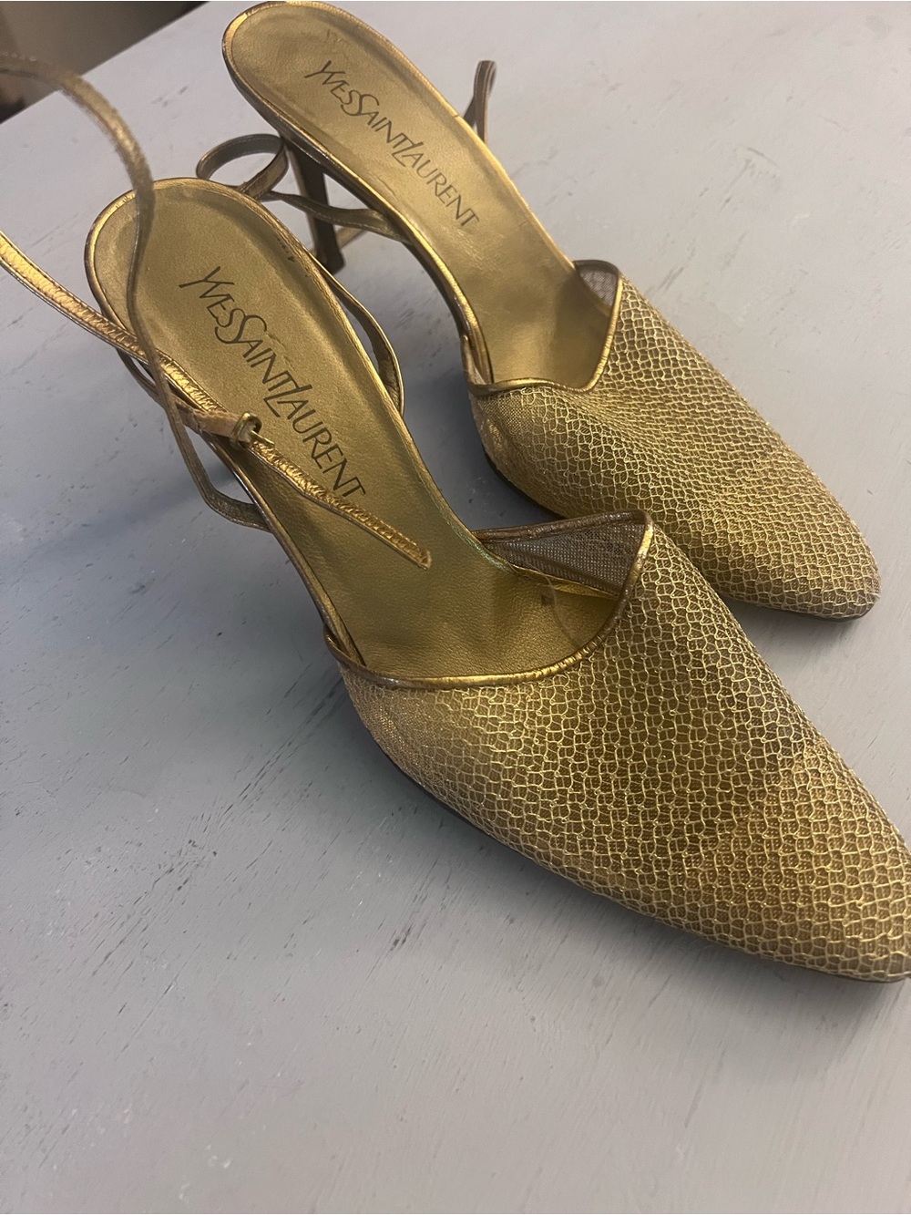 Yves Saint Laurent Metallic Gold Textured Slingback Heels